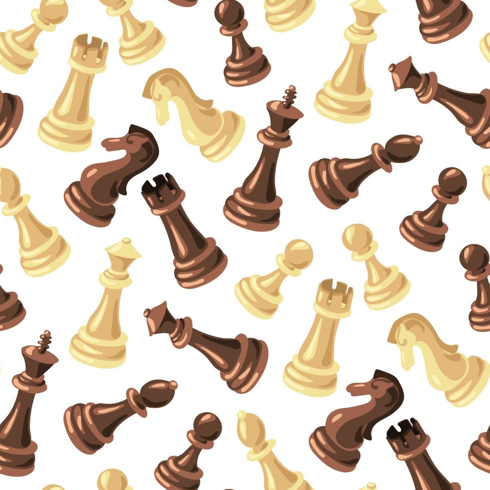 A pattern of black and white chess pieces made of wood on a white background. Chess moves on a checkered board. Chess cartoon, chess board. Texture for printing on textiles and paper. Gift packaging vector