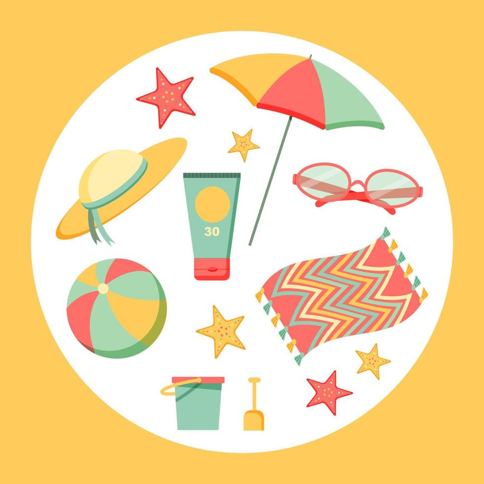 Summer time. Beach items set in circle. Banner, poster, card. Flat style Vector illustration.