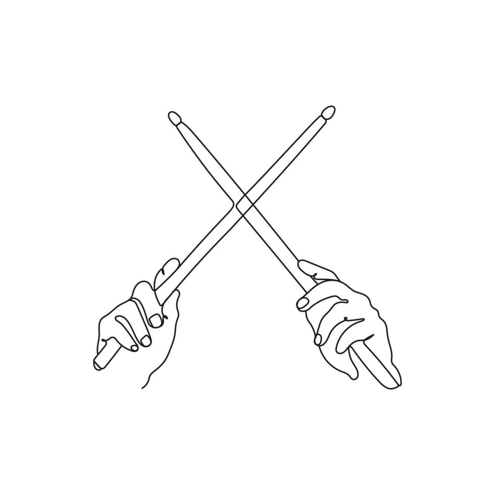 Drummer raise hands with drumsticks up. One line art. Musician artist performance concept. Hand drawn vector illustration.