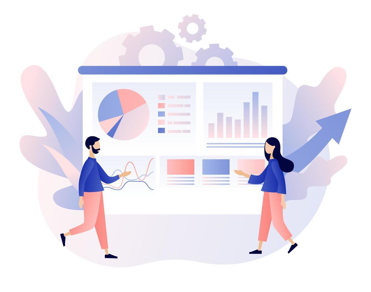 Data analytics consept. Business analysis. Tiny people are studying the infographic. Teamwork. Modern flat cartoon style. Vector illustration on white background