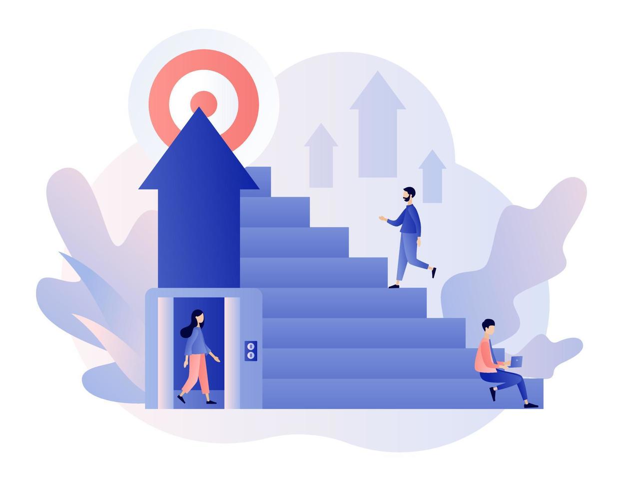 Efforts to achieve target. The metaphor different ways to achieve the goal. Tiny people choose a ladder or an elevator to success. Modern flat cartoon style. Vector illustration on white background