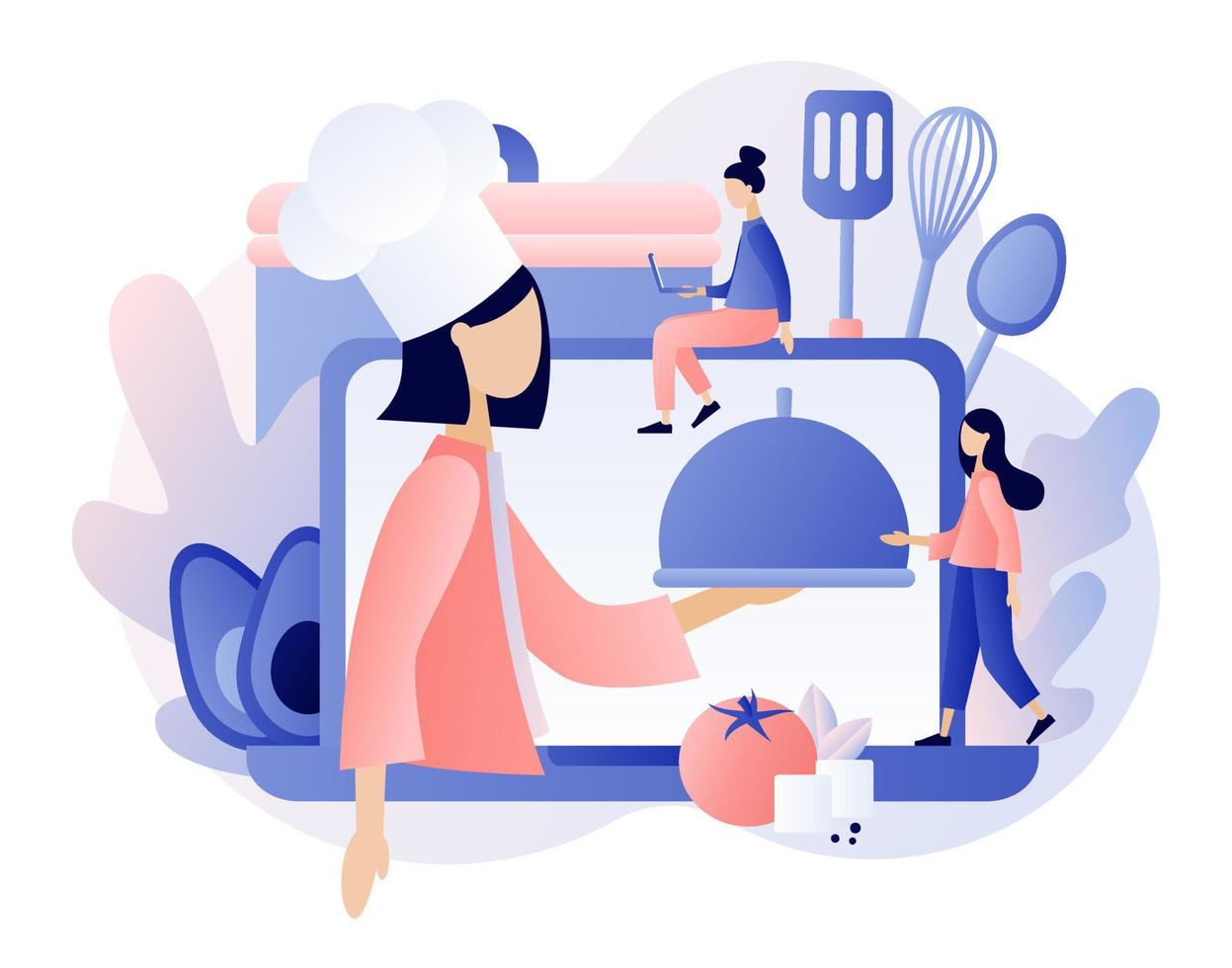 Food blogging. Recipes. Home cooking online. Professional chef holding dish. Tiny People Cook. Modern flat cartoon style. Vector illustration on white background