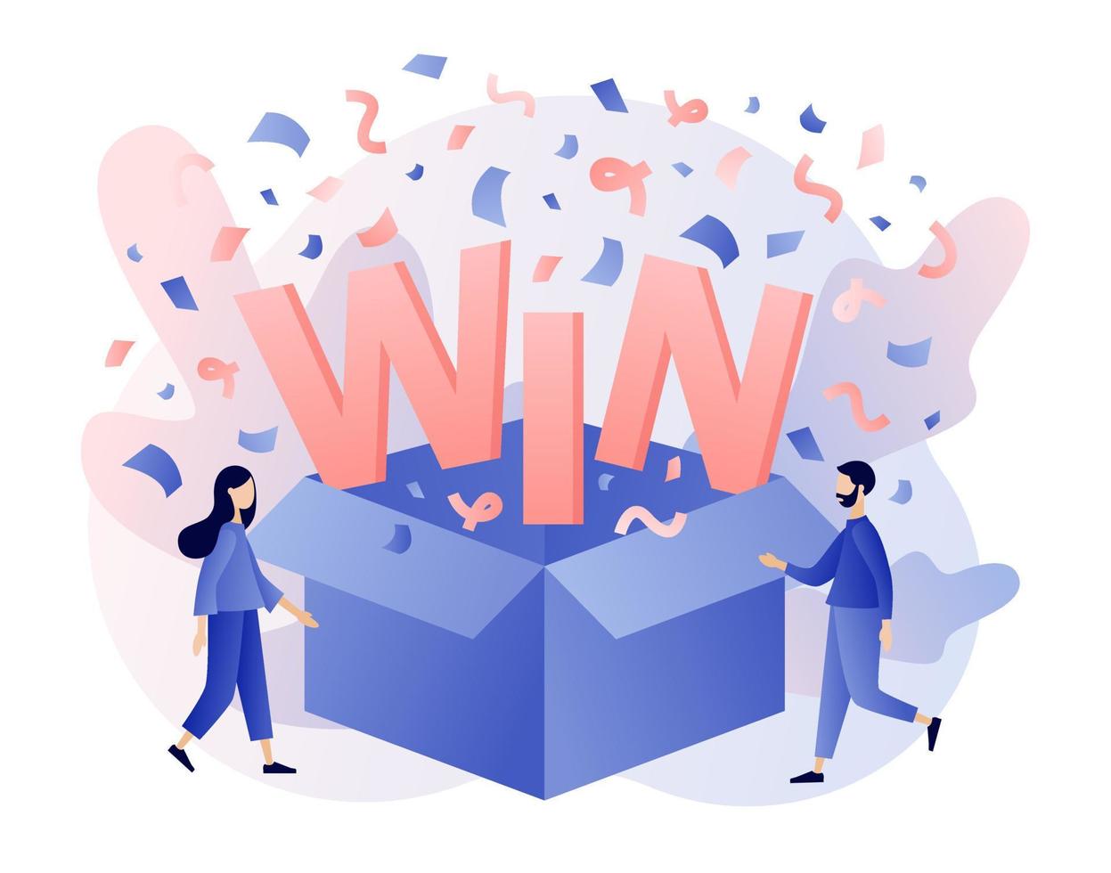 Open box with confetti explosion inside and WIN word. You Win Concept. Tiny people congrats winner. Modern flat cartoon style. Vector illustration on white background