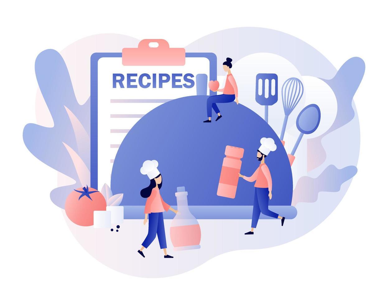 Recipes online. Tiny people cook in chef cap. Ingredients list concept. Food blogging. Modern flat cartoon style. Vector illustration on white background