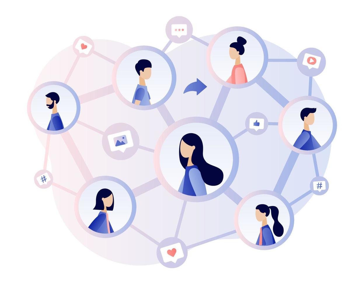 Social Networking. Share concept. Social media. Tiny people communicate sharing data, photos, links, posts and news in social networks. Modern flat cartoon style. Vector illustration