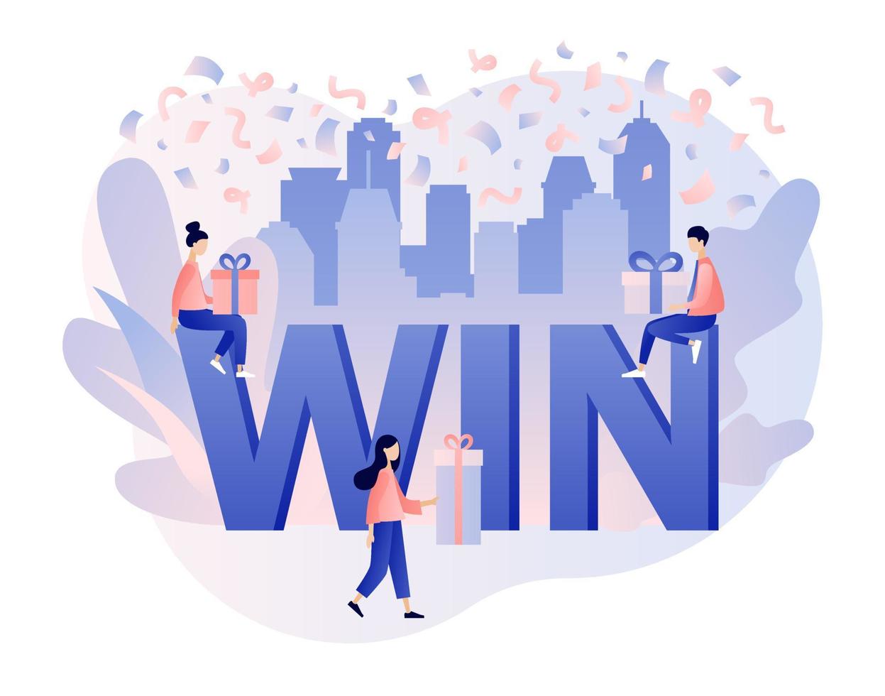 WIN text on falling down confetti background. Congrats winner. You Win Concept. Tiny people with gifts. Modern flat cartoon style. Vector illustration on white background
