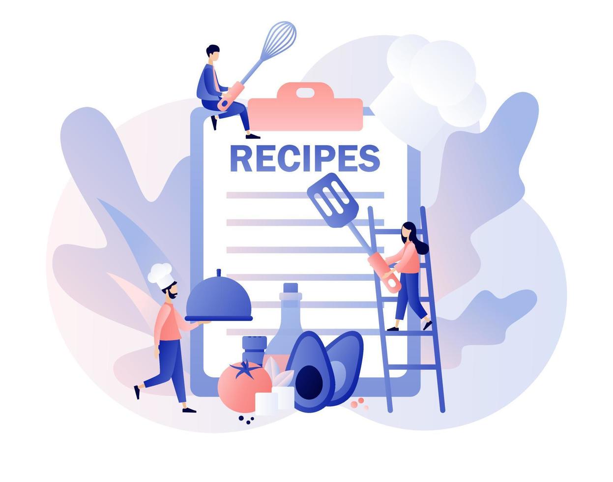 Recipes online. Ingredients list concept. Professional chef holding dish. Tiny People read recipe book and cook in chef cap. Modern flat cartoon style. Vector illustration on white background