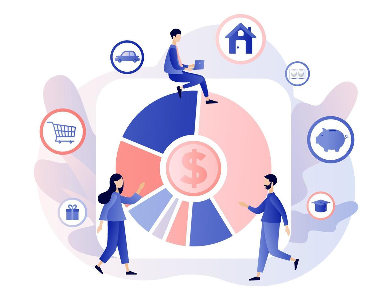 Budget management. Cash flow. Personal financial control. Tiny people is planning the personal budget. Modern flat cartoon style. Vector illustration on white background