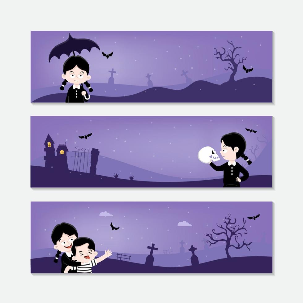 Banner Set of Spooky Gothic Girl and Boy in Cemetery vector