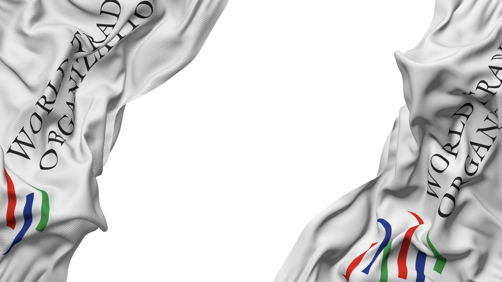 mondo commercio organizzazione, wto bandiera stoffa onda bandiera nel il angolo con urto e pianura struttura, isolato, 3d interpretazione png