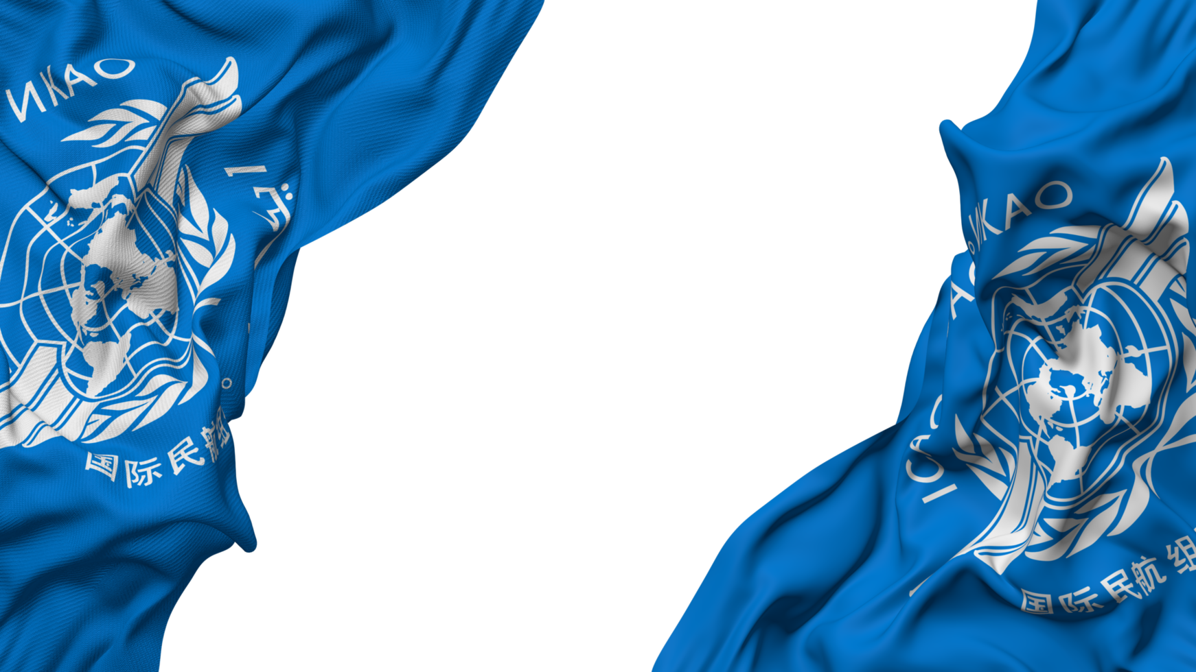 Internationale civiel luchtvaart organisatie, icao vlag kleding Golf banier in de hoek met buil en duidelijk textuur, geïsoleerd, 3d renderen png