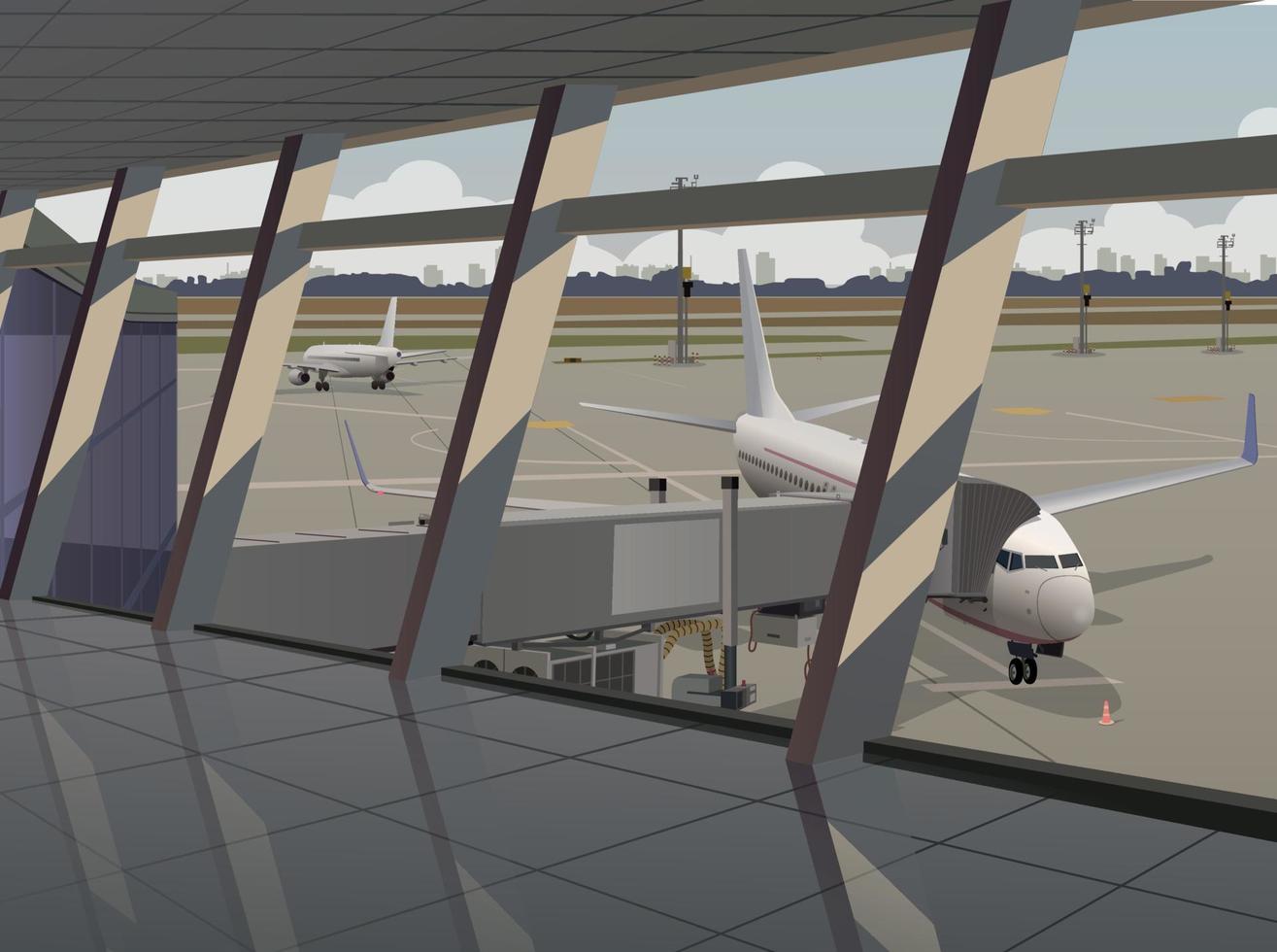Panoramic view of the airport from the terminal. Vector. vector