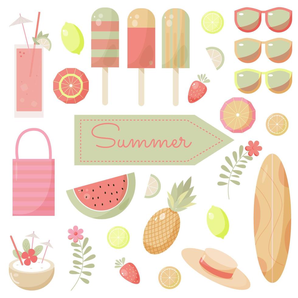 vector summer set with cute ice cream, drinks, fruits, glasses and flowers