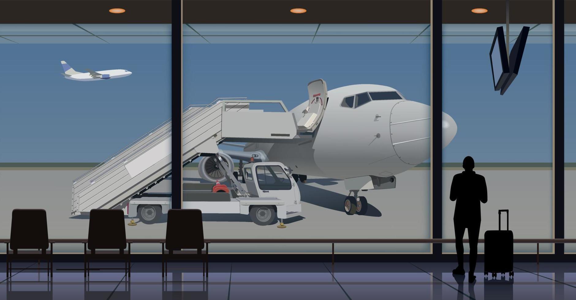 Passengers in the terminal are waiting for check-in for boarding, the plane is outside the window. Vector. vector