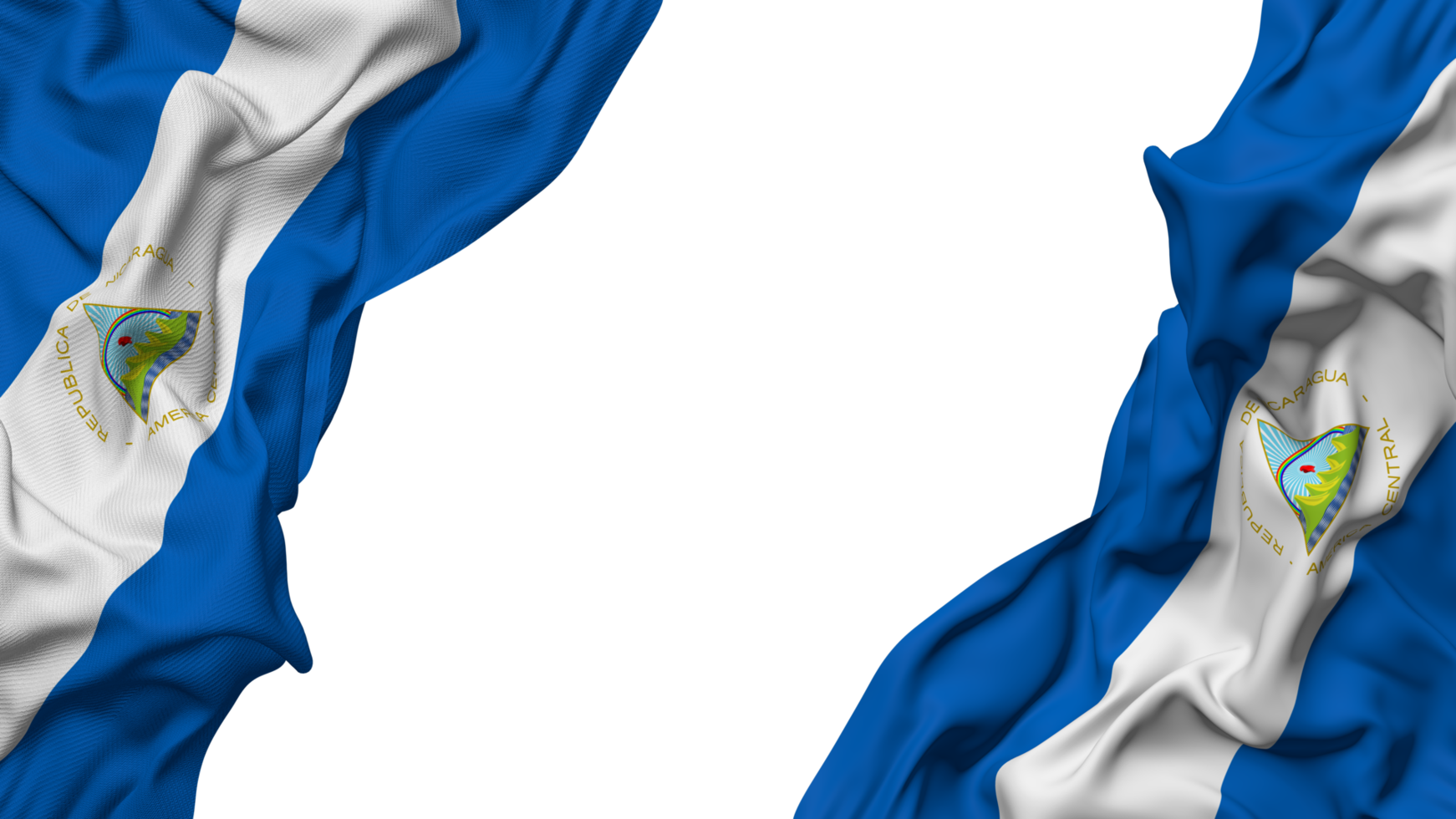 Nicaragua Flag Cloth Wave Banner in the Corner with Bump and Plain Texture, Isolated, 3D Rendering png