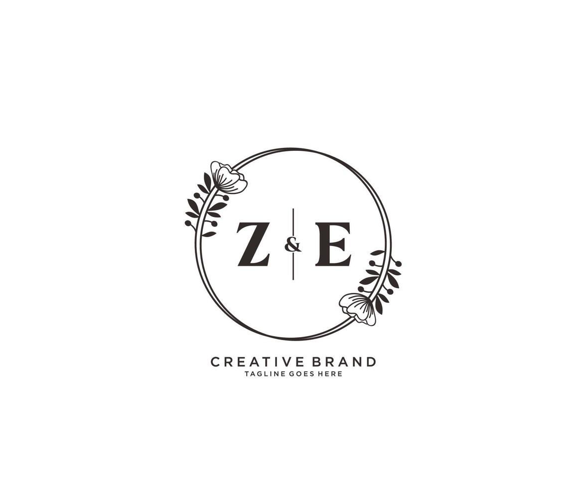 initial ZE letters hand drawn feminine and floral botanical logo suitable for spa salon skin hair beauty boutique and cosmetic company. vector