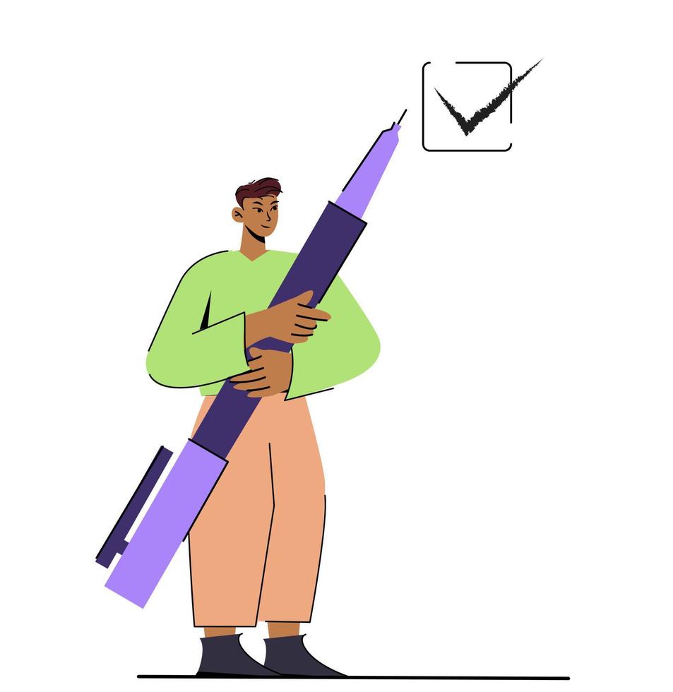 Flat cartoon character  man standing with a large automatic pencil or pen . vector illustration isolated on white