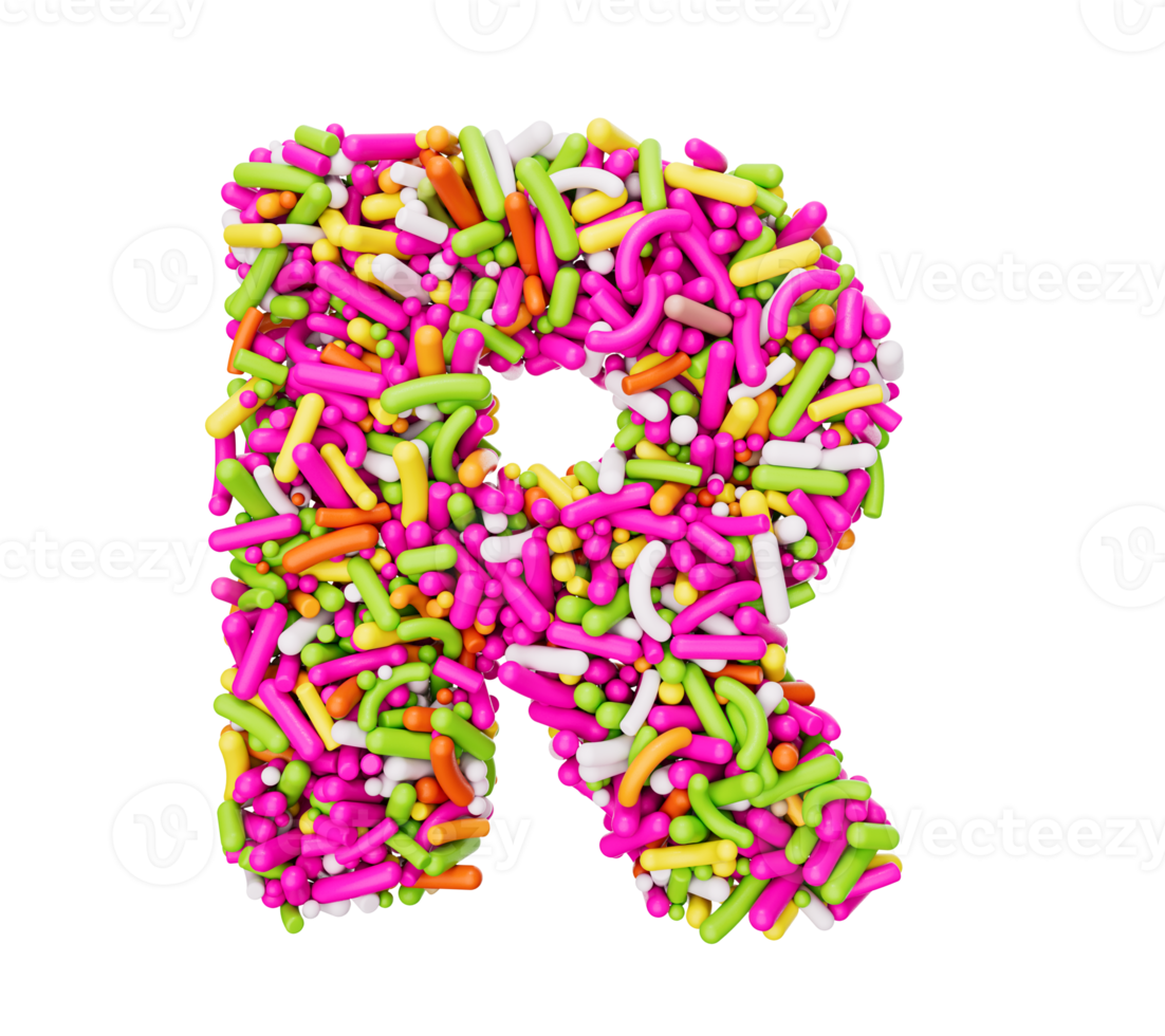 alfabet r tillverkad av färgrik strössel brev r regnbåge strössel 3d illustration png