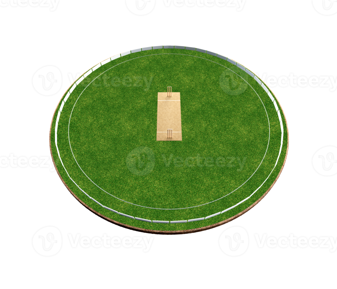 vue de dessus du stade de cricket sur le terrain de cricket ou le terrain de jeu de sport de balle, le stade d'herbe ou l'arène circulaire pour la série de cricket, la pelouse verte ou le terrain pour le batteur, le quilleur. illustration 3d de champ extérieur png