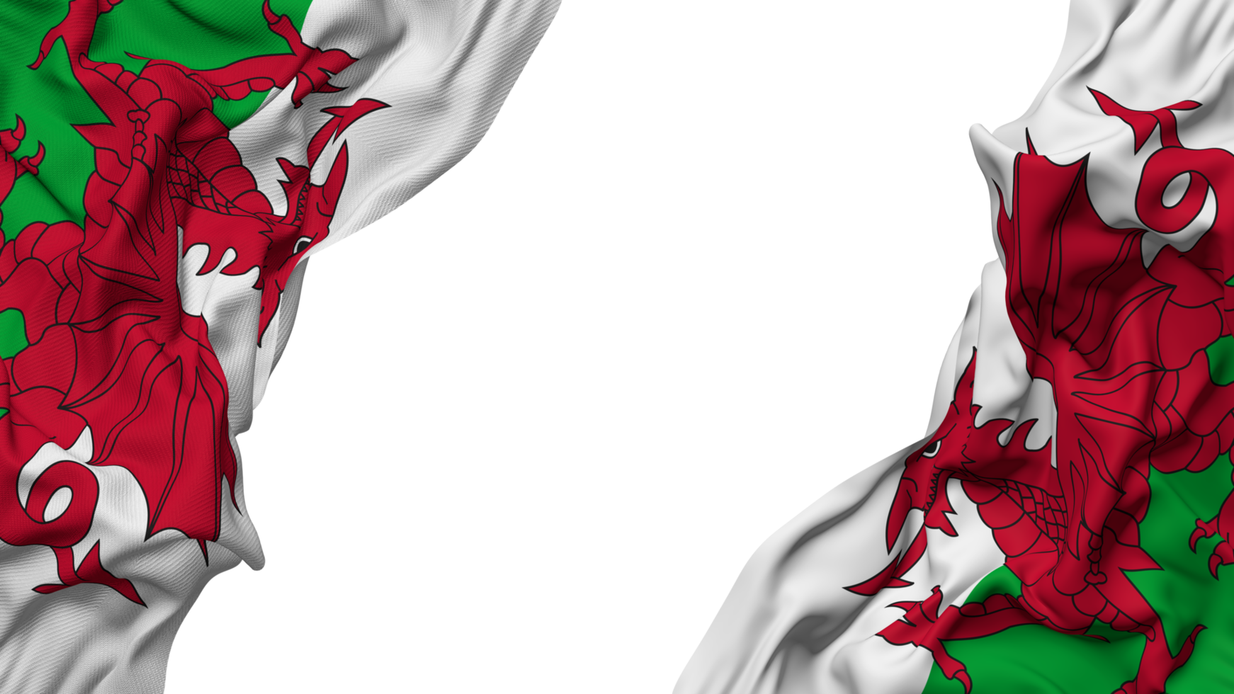 wales flagga trasa Vinka baner i de hörn med stöta och enkel textur, isolerat, 3d tolkning png