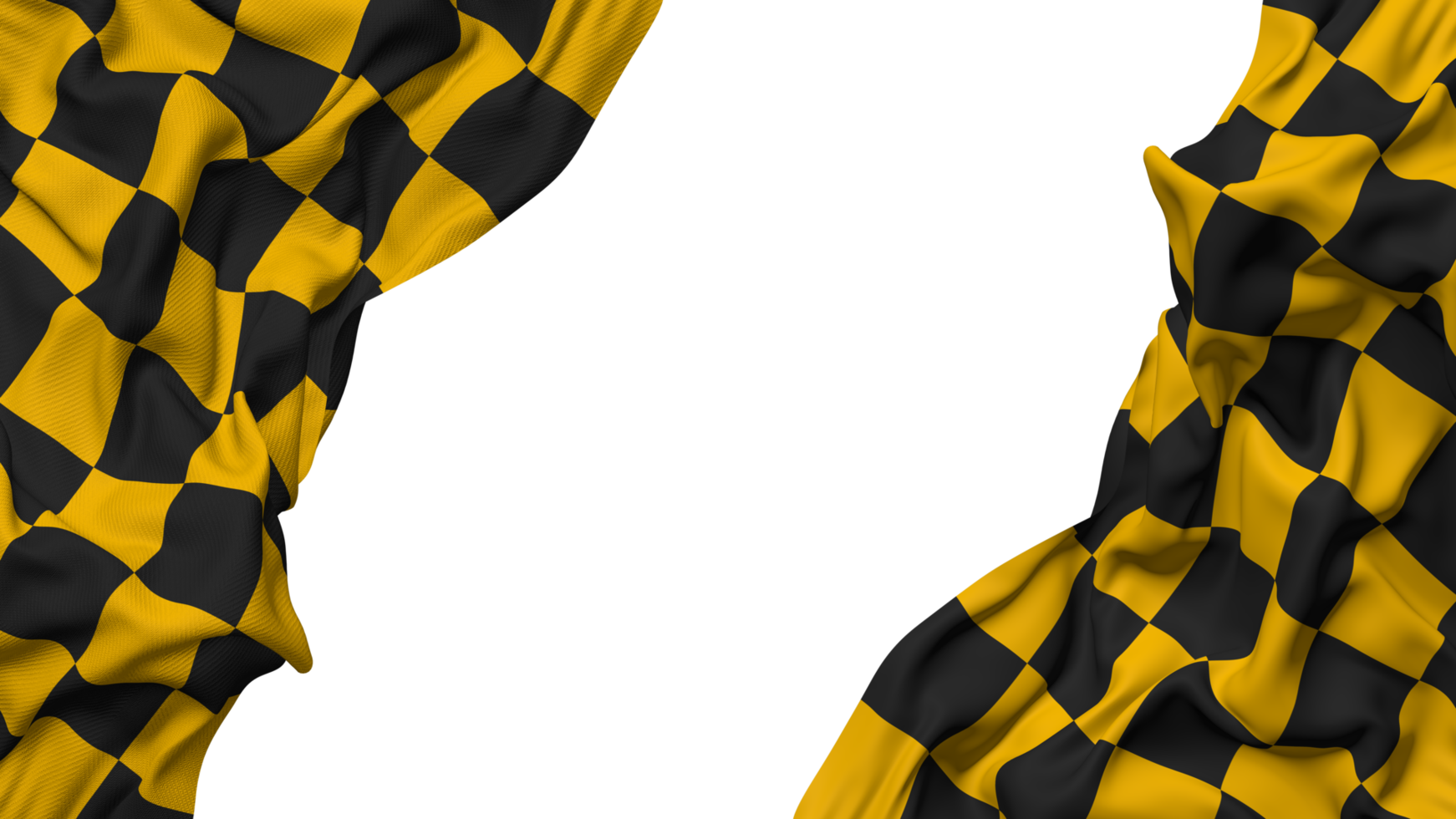 Racing Black and Yellow Checkered Flag Cloth Wave Banner in the Corner with Bump and Plain Texture, Isolated, 3D Rendering png