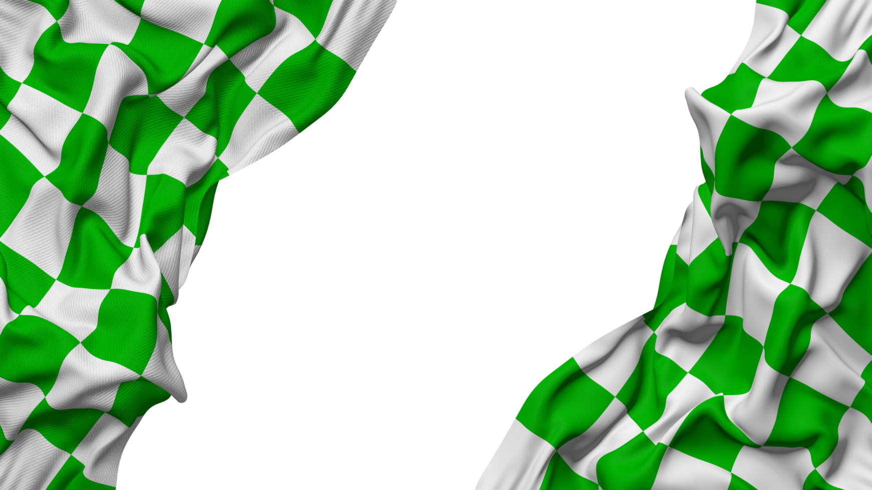 Racing Green and White Checkered Flag Cloth Wave Banner in the Corner with Bump and Plain Texture, Isolated, 3D Rendering png