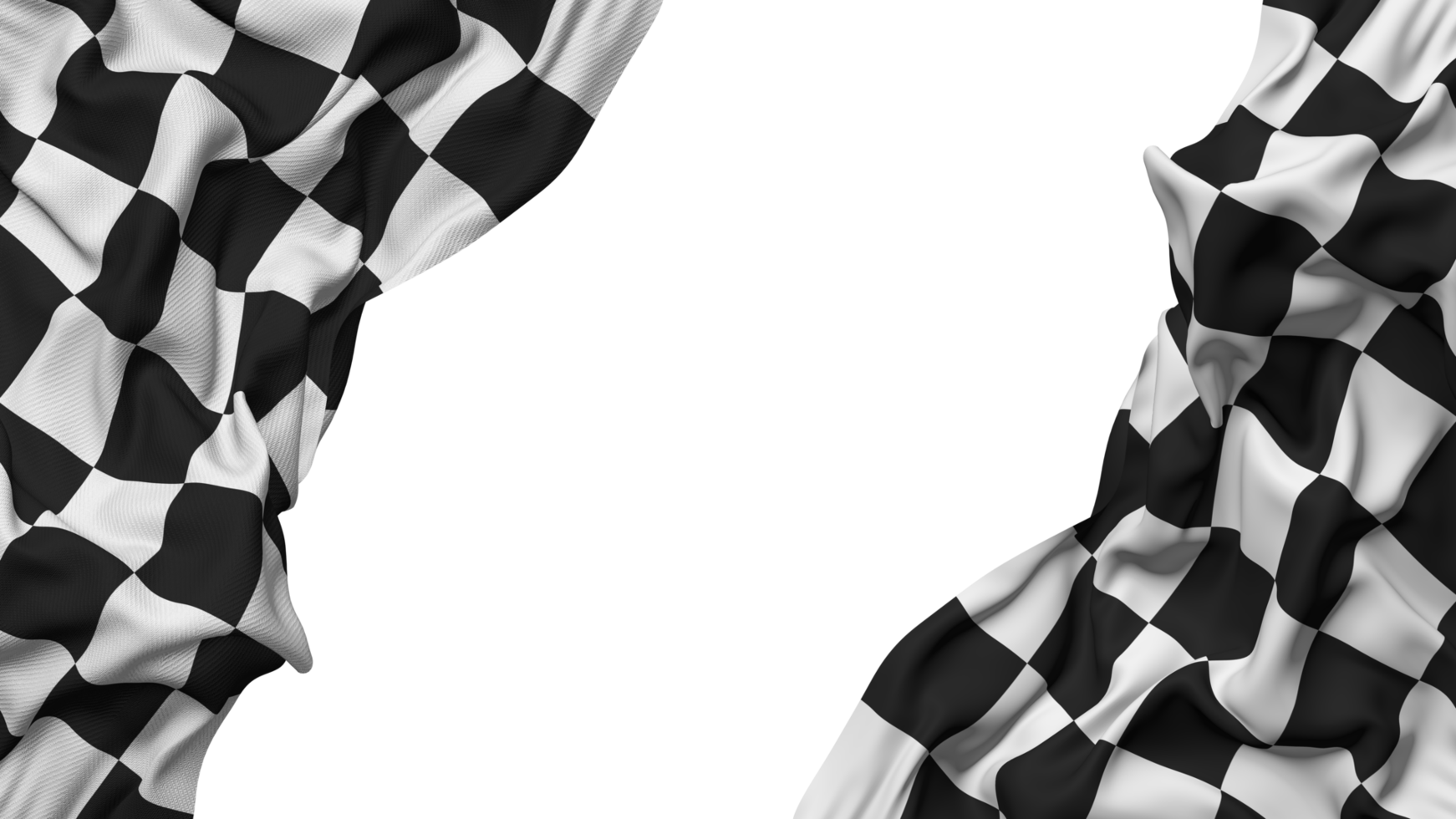 Racing Black and White Checkered Flag Cloth Wave Banner in the Corner with Bump and Plain Texture, Isolated, 3D Rendering png