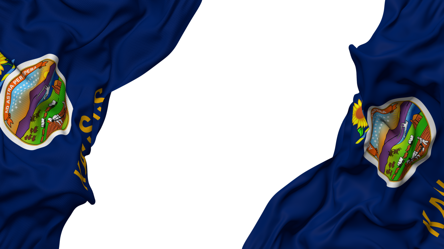 State of Kansas Flag Cloth Wave Banner in the Corner with Bump and Plain Texture, Isolated, 3D Rendering png
