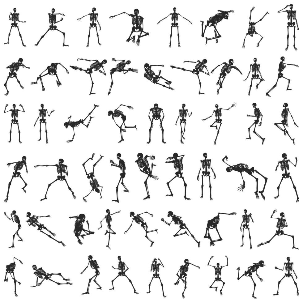 Silhouettes of skull poses with a large collection of motion poses vector
