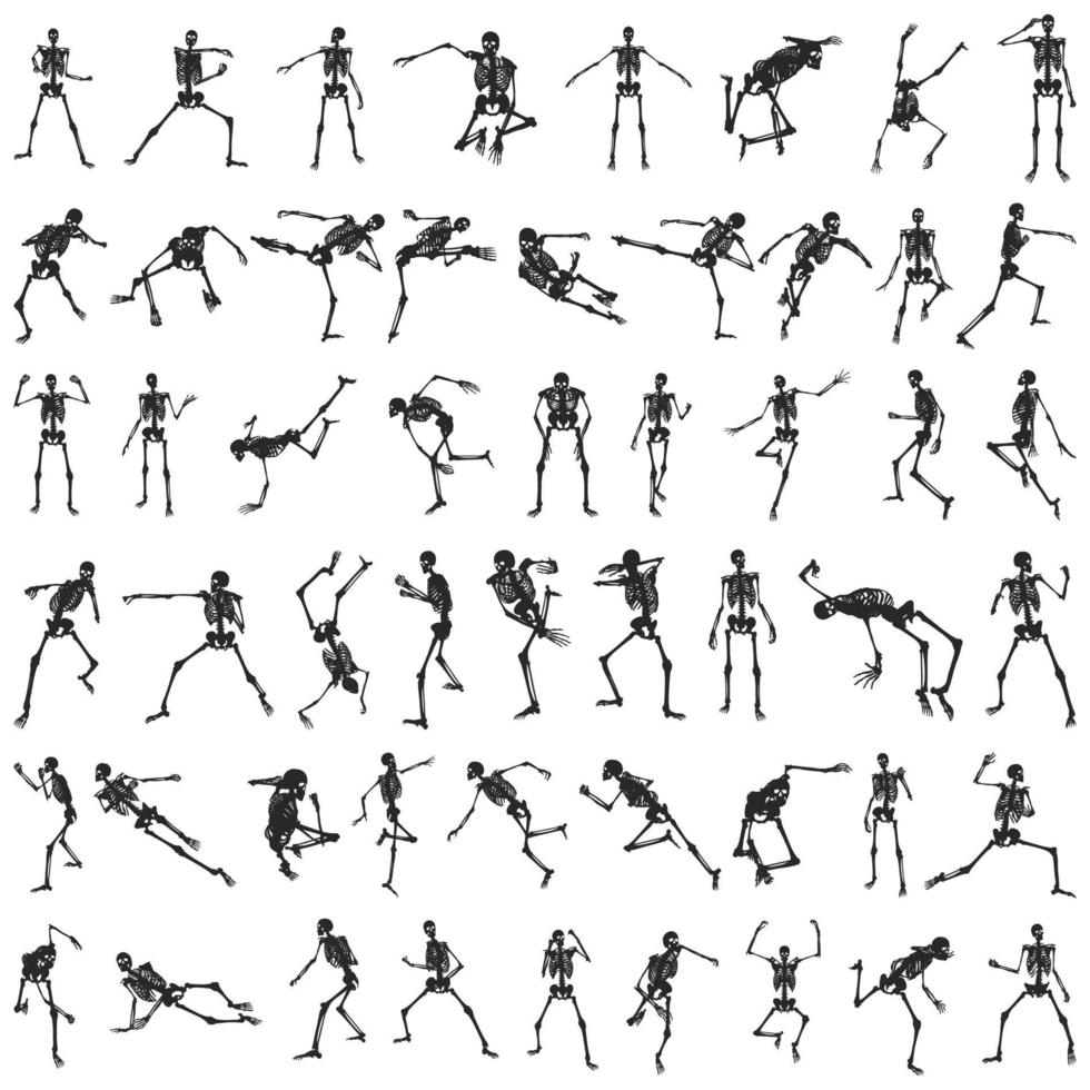 Silhouettes of skull poses with a large collection of motion poses vector