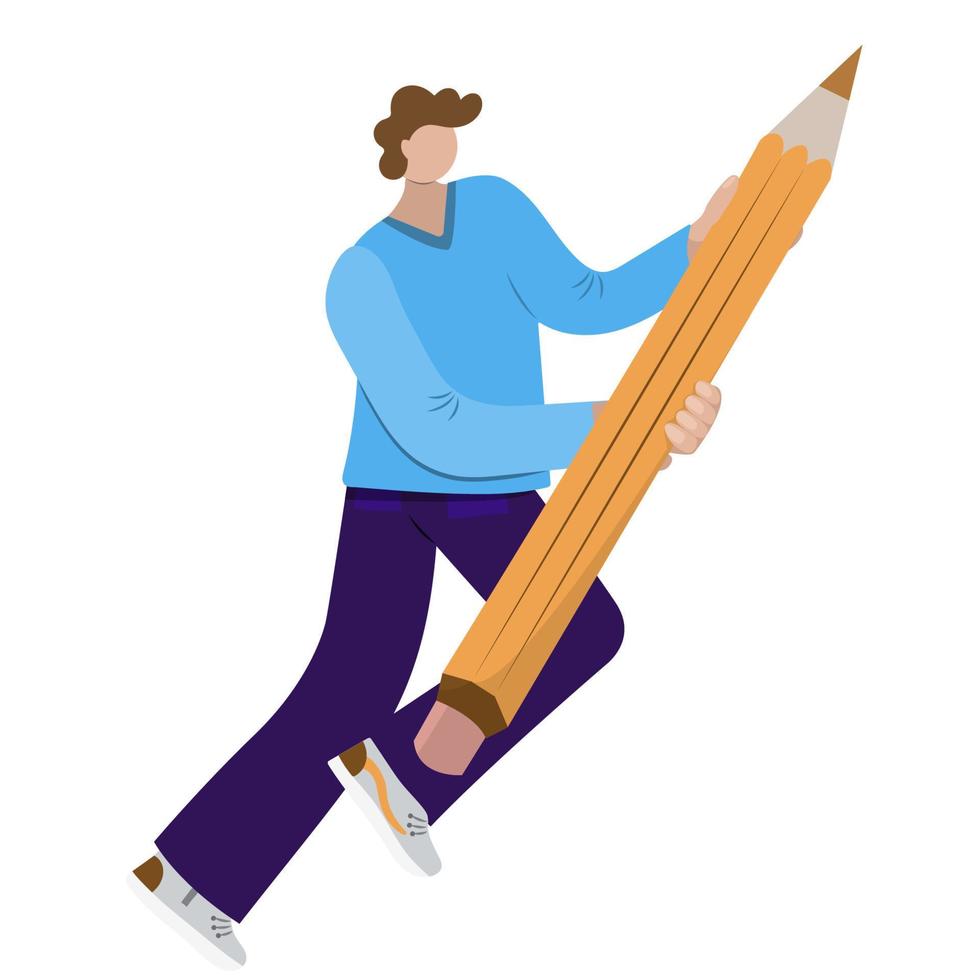 Young curly man running with big pencil on white background. Cute funny isolated character in a flat style. Drawing, writing, design, blogging vector