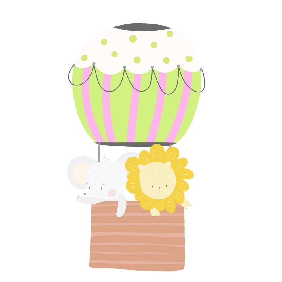 cute baby animal on hot air balloon, isolated vector