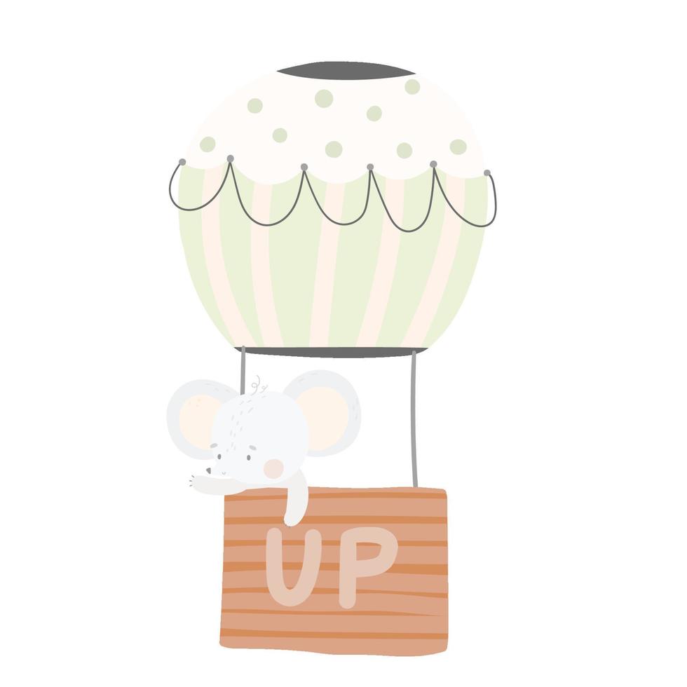 cute baby animal on hot air balloon, isolated vector