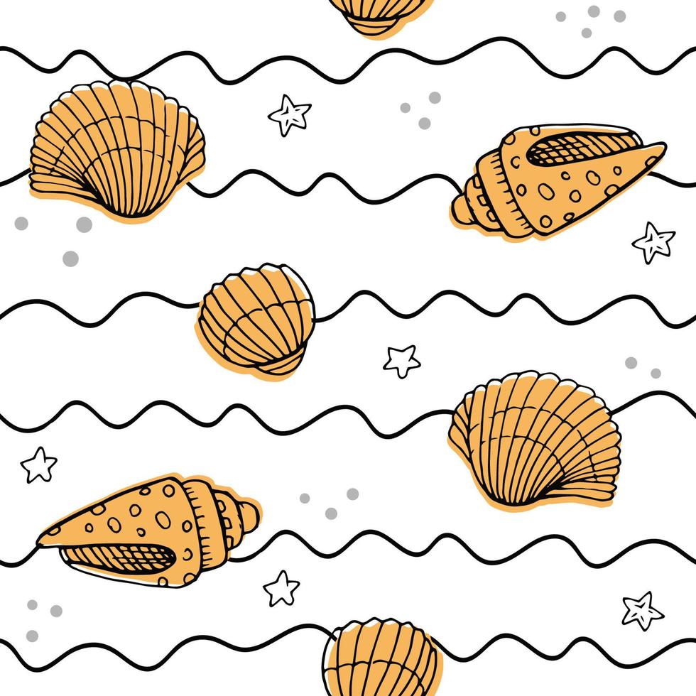 Vector seamless pattern with hand drawn scallop seashells, sea elements and stars. Beautiful marine design, perfect for prints and patterns, textile, fabric, children background