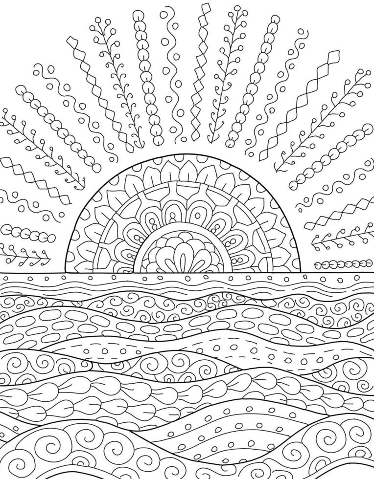 Hand drawing coloring page for kids and adults. Wild nature, sun, meadow, field, sea. Beautiful drawing with patterns and small details. Coloring book pictures. Vector