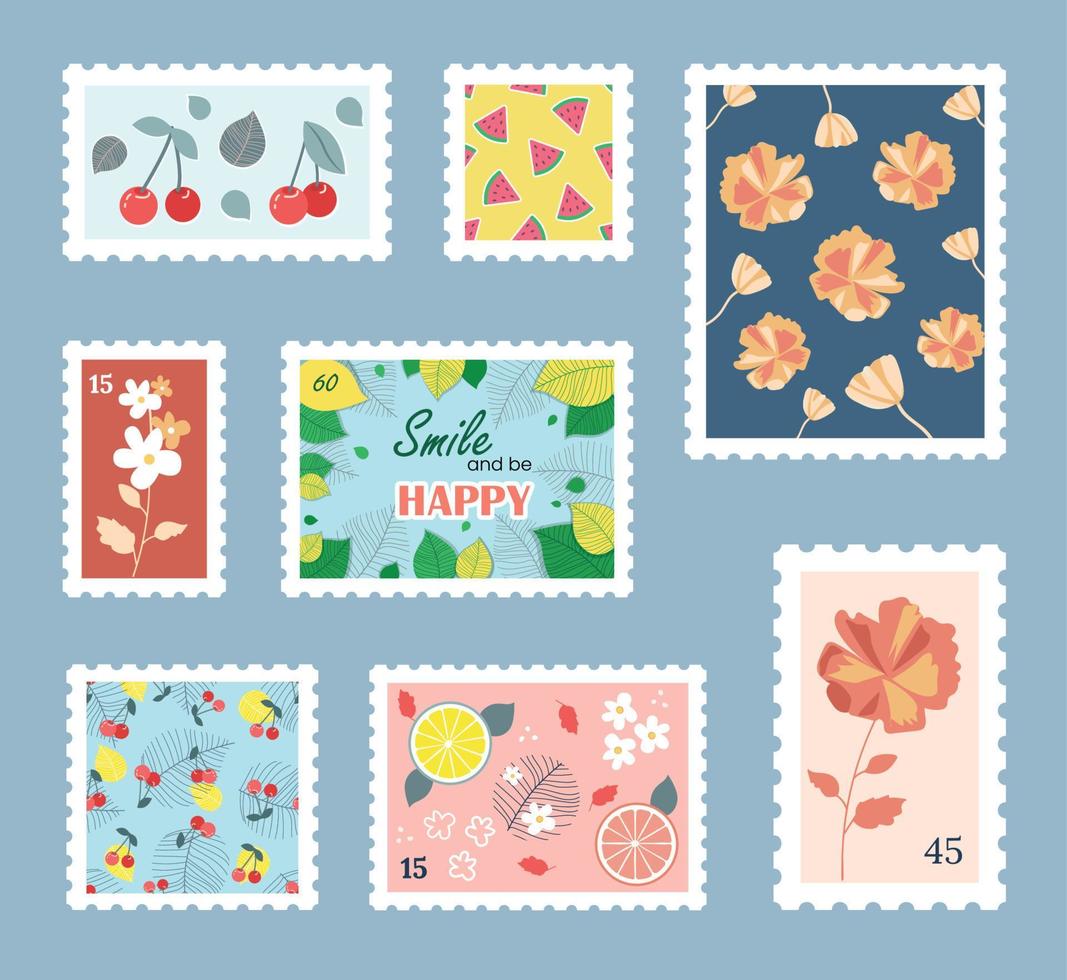 Collection of hand-drawn post stamps with flowers and fruits. Modern summer vector design. Set of mail and post office isolated drawing.