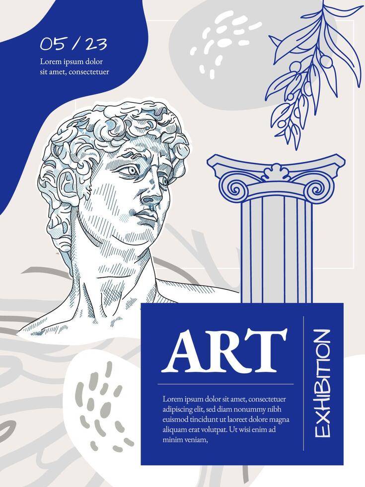 Arte de escultura creativo volantes o póster conceptos con resumen geométrico formas y humano siluetas romano y griego vector ilustración. Arte carteles para el exhibición, revista o cubrir