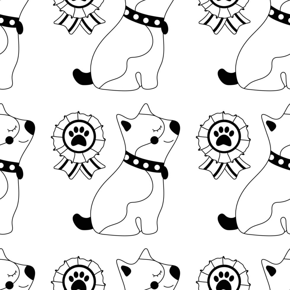 Pattern with a dog in a collar with an award, pet care. vector