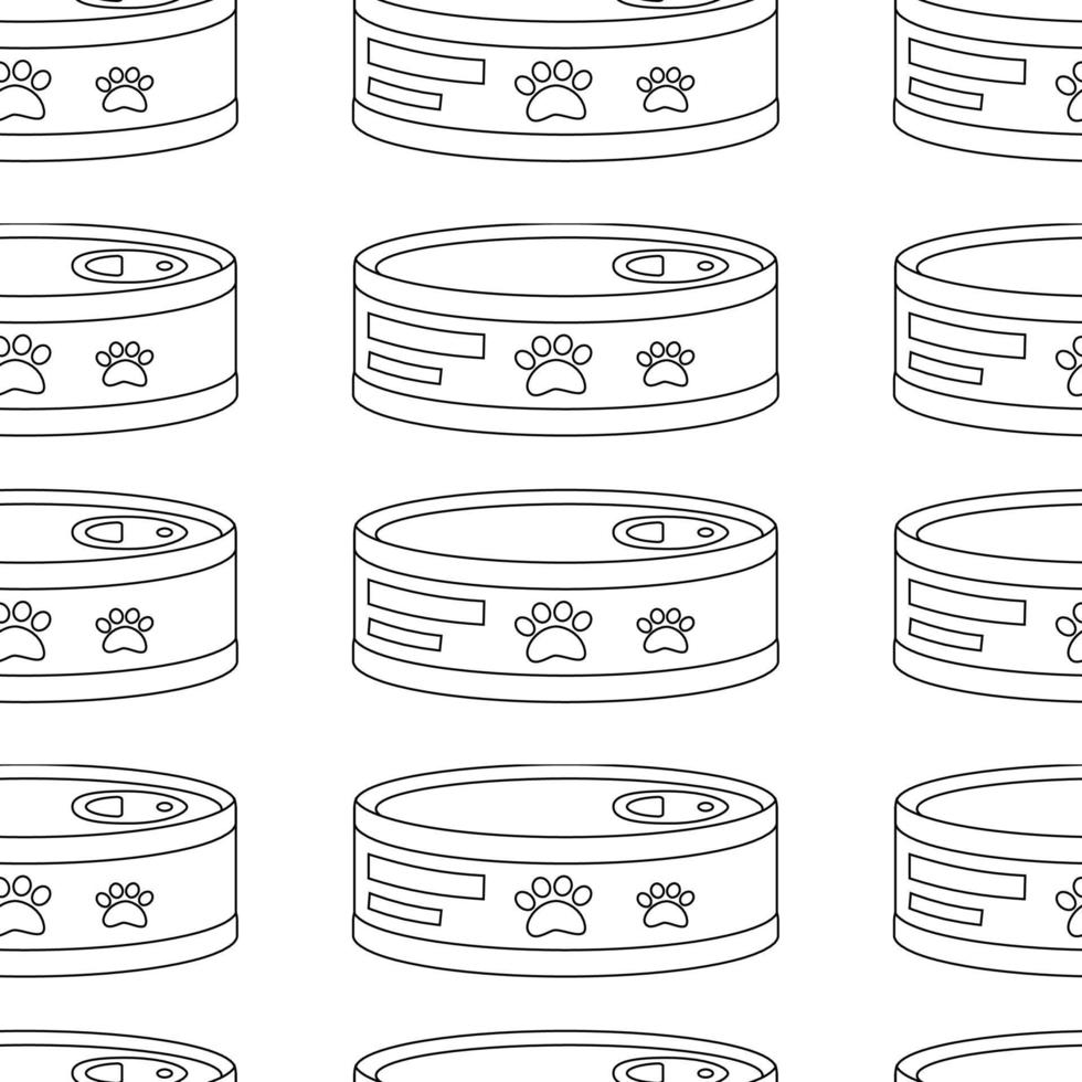 Pattern with can for animals, cats, round tin can with paw label. vector