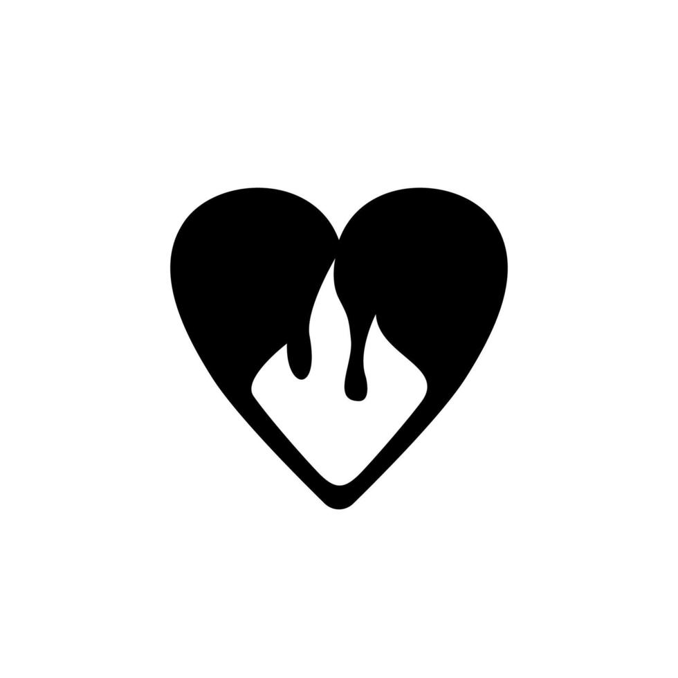 Burning heart icon. Black and white silhouette of heart-shaped and flames. Vector illustration of pictogram of heart on fire.