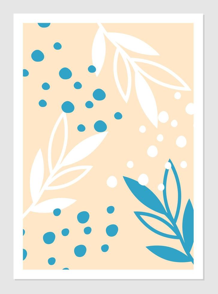 Floral abstract poster with spots and plant elements. Vector illustration of simple round shapes and twigs with leaves. Interior design.