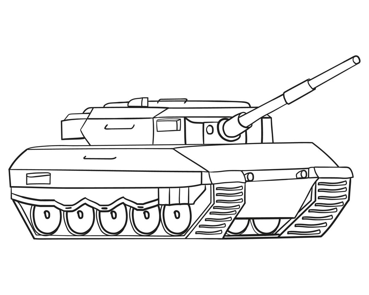 Main battle tank in line art. German military vehicle. Vector illustration isolated on white background.