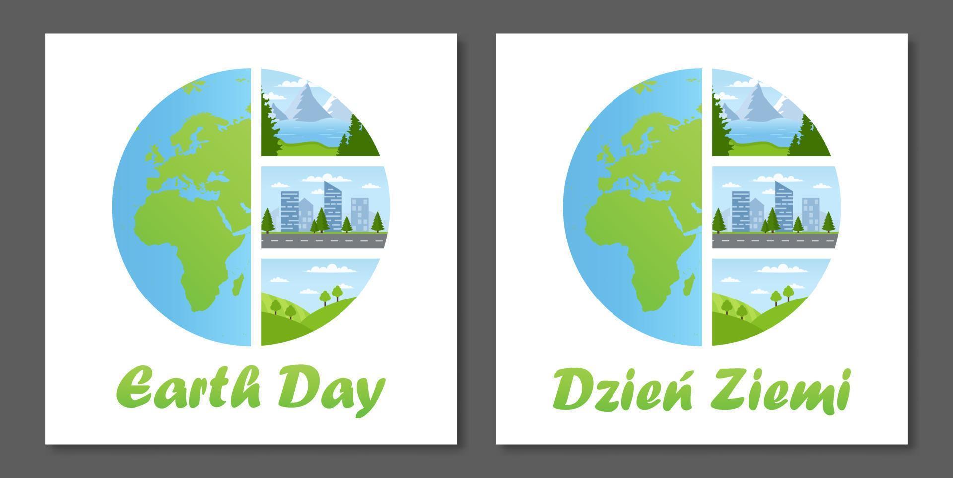 tierra día. diferente paisajes montañas, ciudad, campos. polaco y Inglés versión. vector