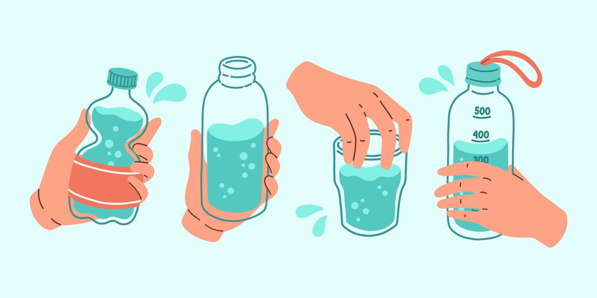 bebida más agua conjunto H2O vector ilustración. dibujos animados agua botellas Deportes y vaso botella y lentes con líquidos.