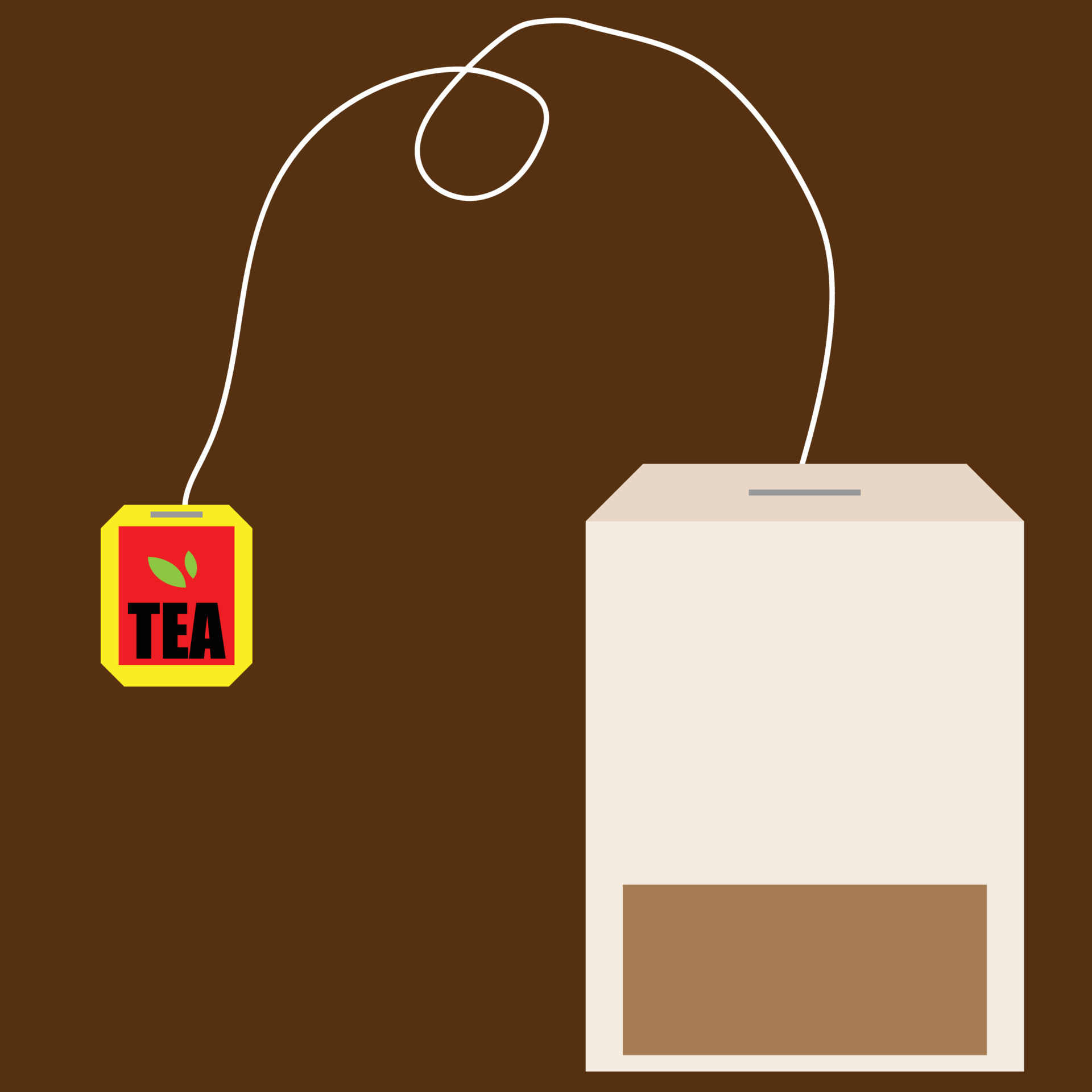 Tea bag with a yellow label and green tea leaves on the label, brown