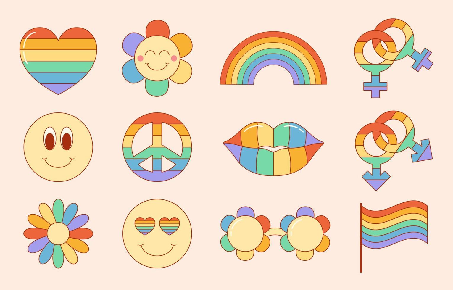 Retro hippie LGBT elements collection for pride month. Gay and lesbian groovy symbols. vector