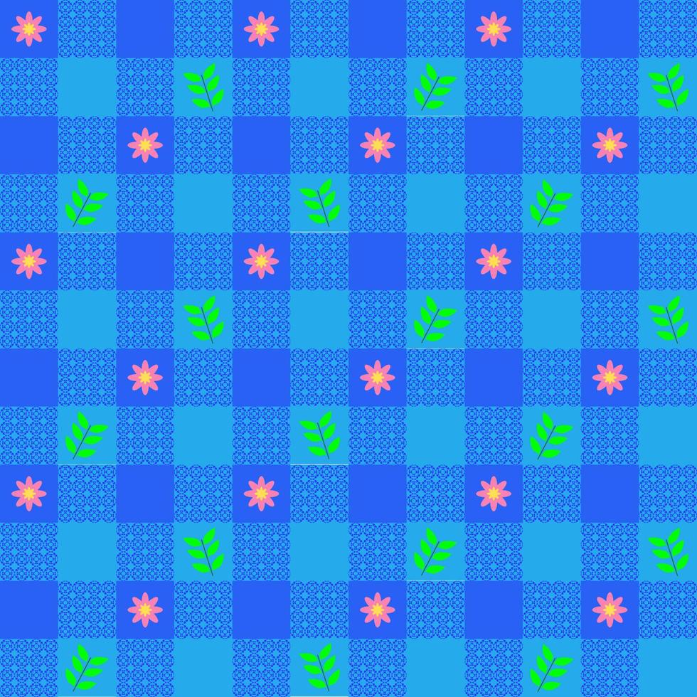 Blue tone of gingham pattern decorated with flower and leaves For plaid, tablecloth, clothe, shirt, dress, paper, bed, blanket, quilt, textile. Vector seamless design. Concept of spring summer time.