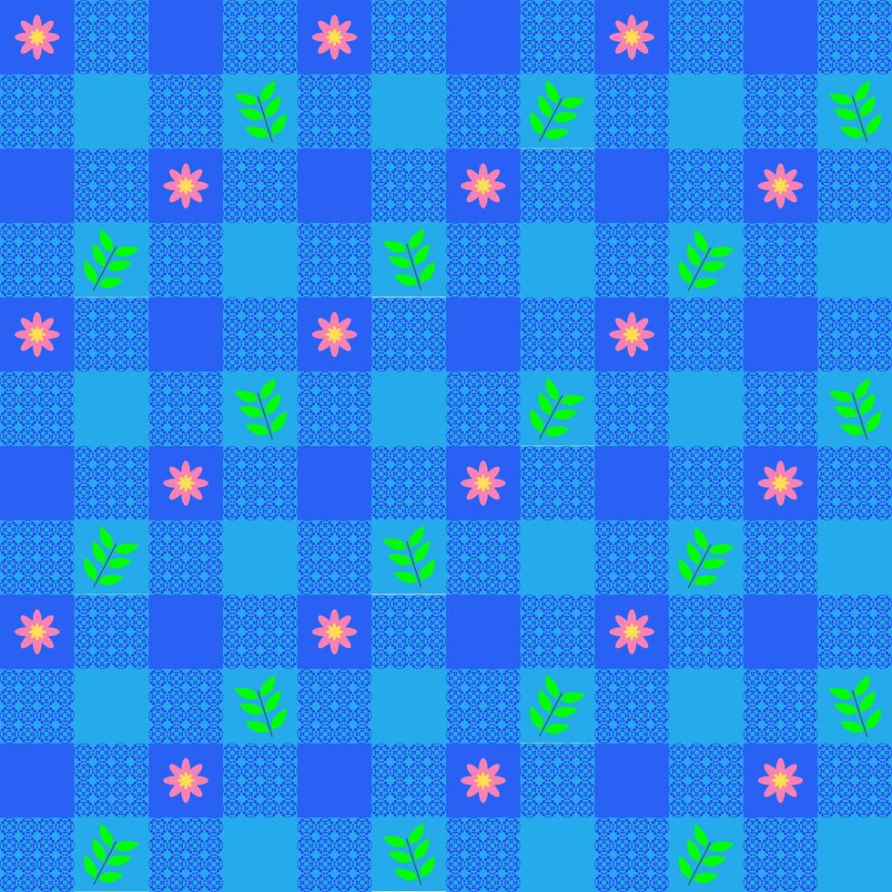 azul tono de guingán modelo decorado con flor y hojas para tartán, Manteles, vestir, camisa, vestido, papel, cama, frazada, colcha, textil. vector sin costura diseño. concepto de primavera verano tiempo.