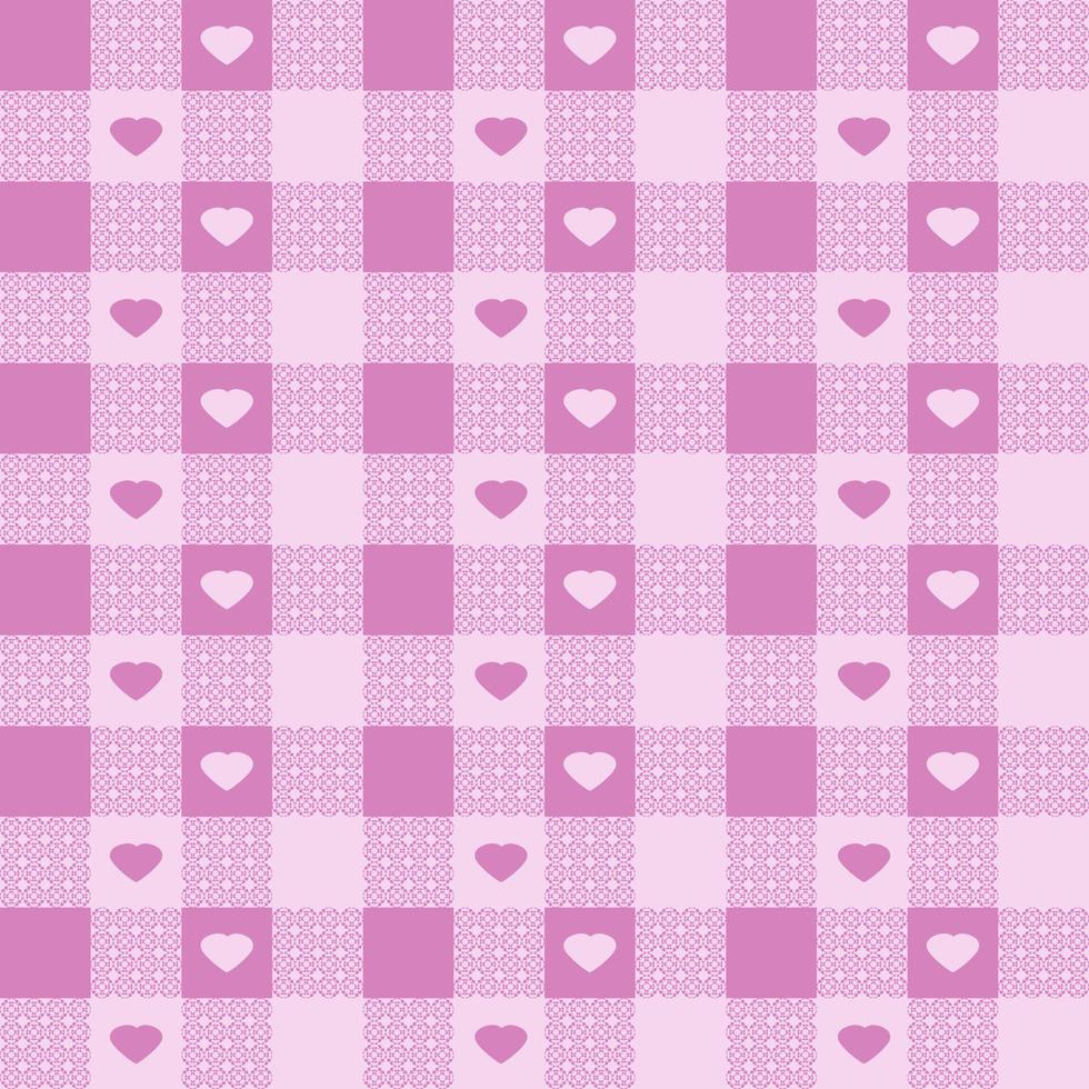Pink tone of gingham checkered pattern with hearts. For plaid, tablecloth, cloth, shirt, dress, paper, bed, blanket, quilt, textile. Vector seamless design.  Kitchen, restaurant, Valentine's concepts.