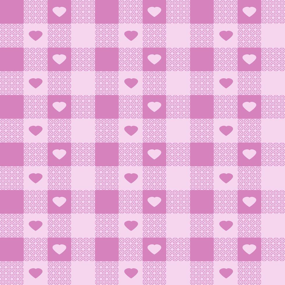 Pink tone of gingham checkered pattern with hearts. For plaid, tablecloth, cloth, shirt, dress, paper, bed, blanket, quilt, textile. Vector seamless design.  Kitchen, restaurant, Valentine's concepts.